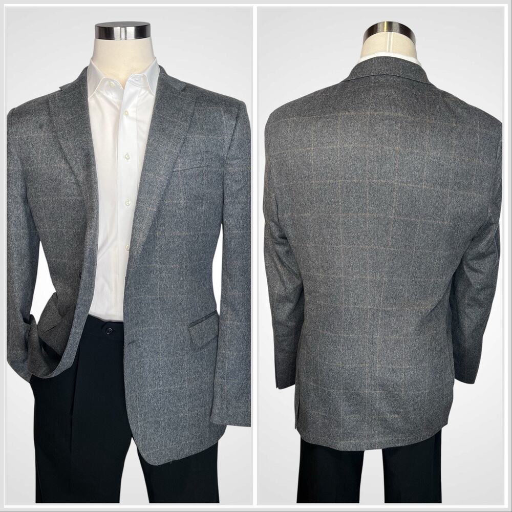 Saks 100% Brushed Cashmere Sport Coat 44-46L Gray Camel Windowpane Plaid - Picture 5 of 16
